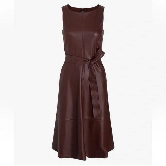 NWT Express Brown Faux Leather Fit and Flare Tie Waist Midi Dress size XS - Picture 2 of 5